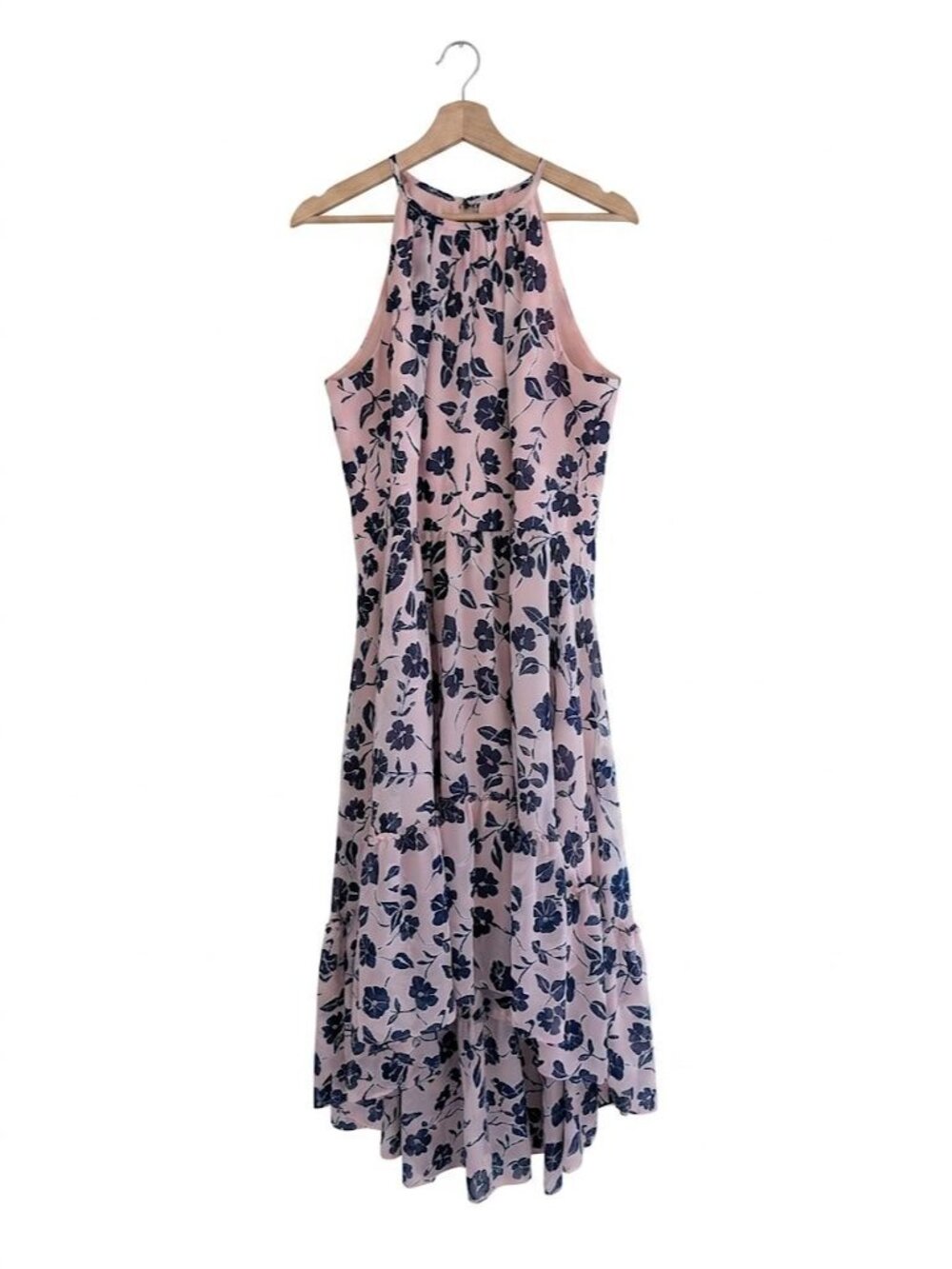 Eliza J Floral Halter High-Low Midi Dress Pink Navy Blue Size 14 Chiffon